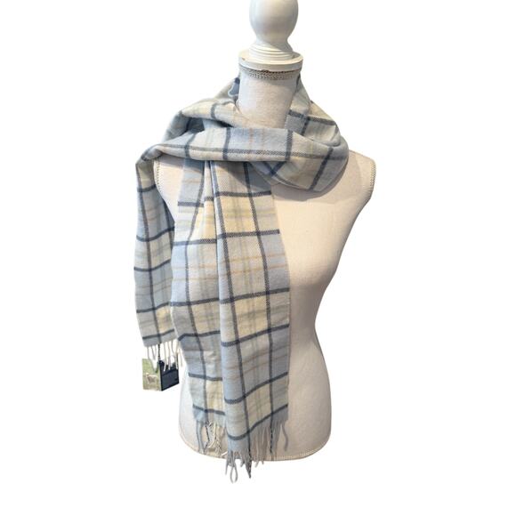 Johnstons of Elgin Scotland Lambswool Fringed Scarf Light Blue Plaid - Picture 2 of 5